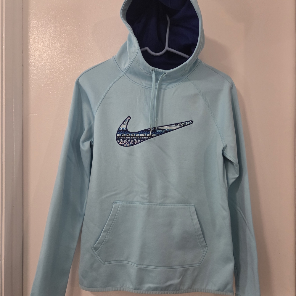 Nike Womens Small Light Blue Hoodie, Front Pocket Thumb Holes